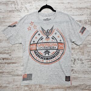 American Fighter T Shirt Mens Size Large Gray Orange Black Eagle Flag Biker